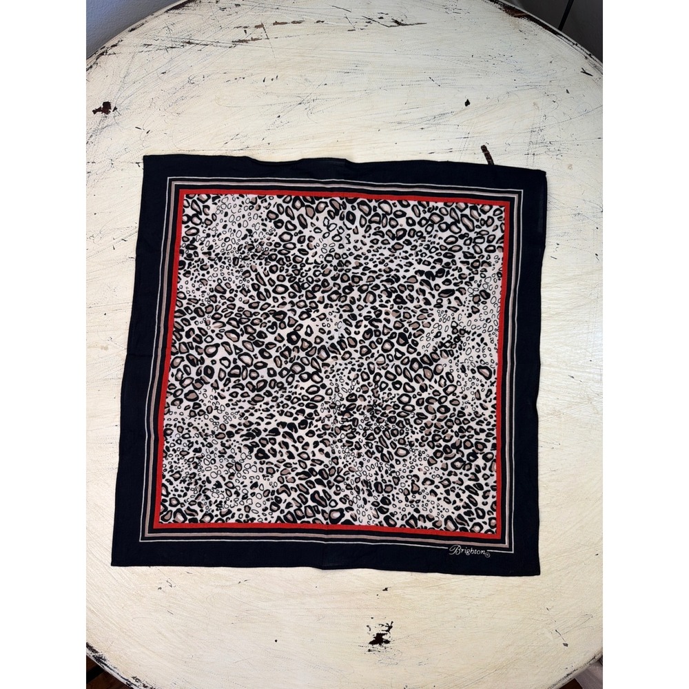 Brighton Scarf Womens OS Leopard Animal Print Square Cotton Black Red Trim‎